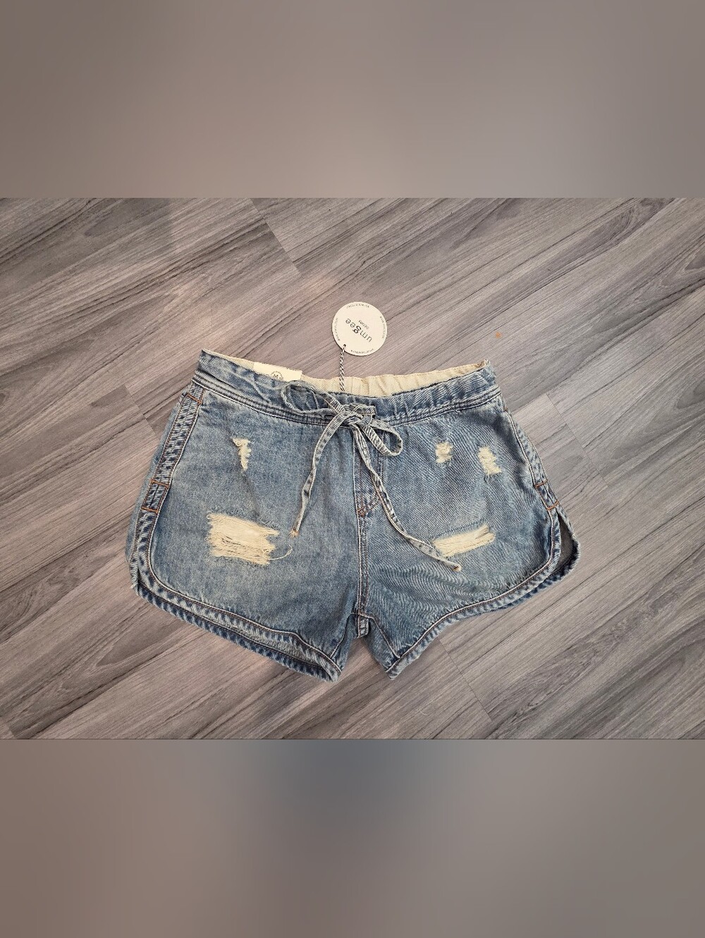 Umgee Blue denim shorts with drawstring waist and distressed details NWT #summer - Picture 2 of 6